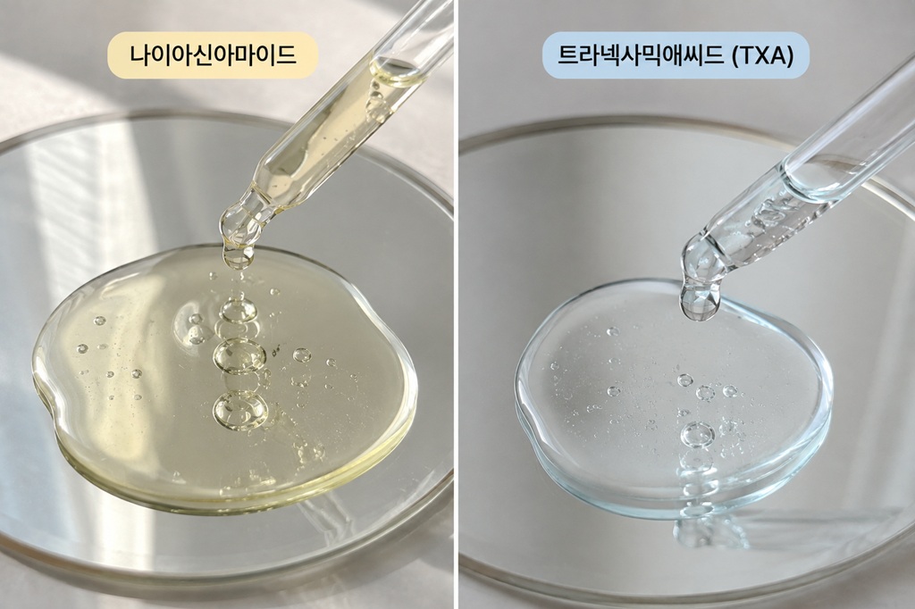 나이아신아마이드와 트라넥사믹애씨드 TXA 성분의 제형을 표현한 스포이드 사진