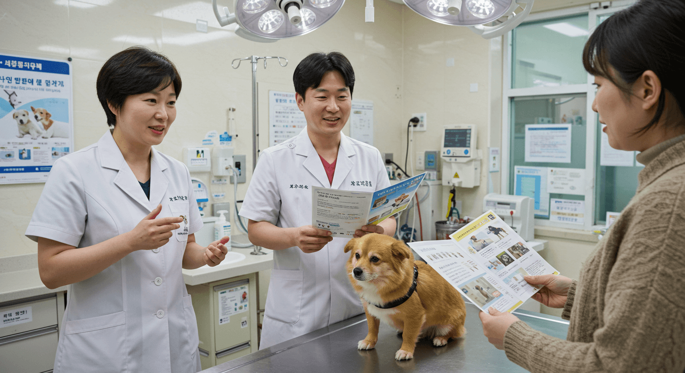 수의사가 반려견 중성화 수술에 대해 설명하고 있는 장면,