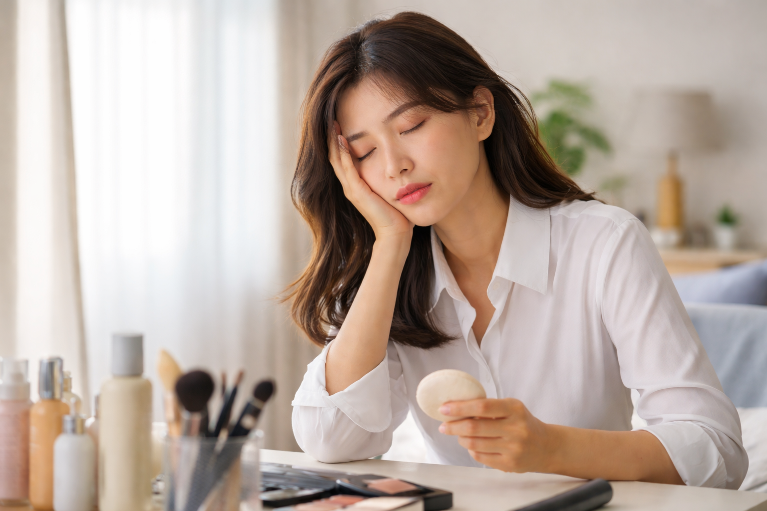 아침 출근 준비 중 피로감을 느끼는 30대 직장인 여성의 모습