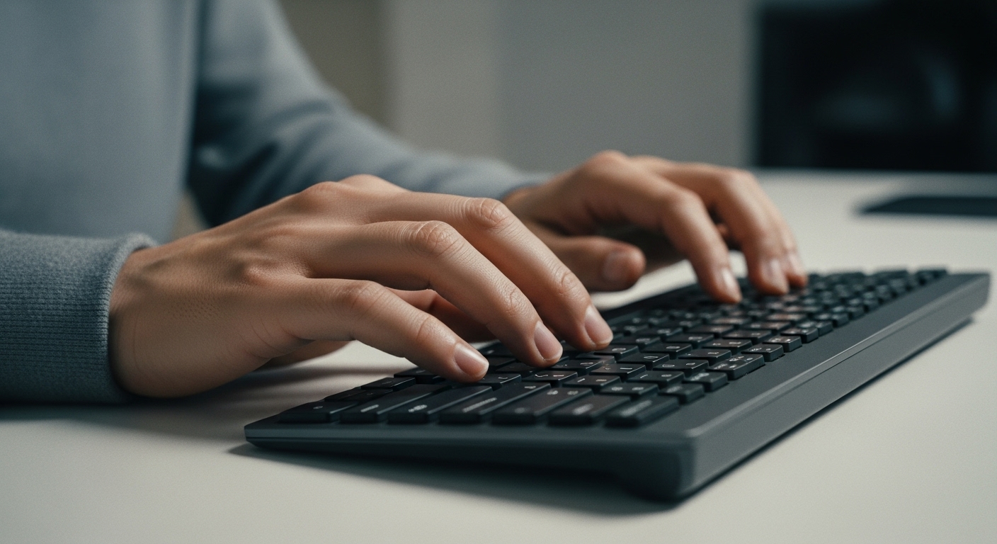 슬림한 펜타그래프 방식의 무선 키보드로 조용히 타이핑하는 모습