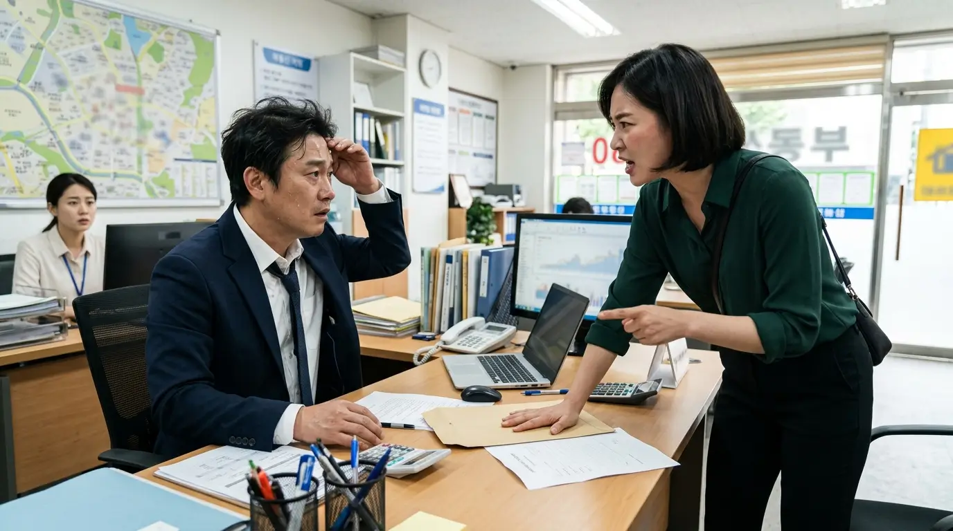 밝고 정돈된 부동산 중개업소 내부에서 40대 남성 공인중개사에게 내용증명 서류를 내밀며 항의하는 30대 여성 임차인의 일상적인 풍경
