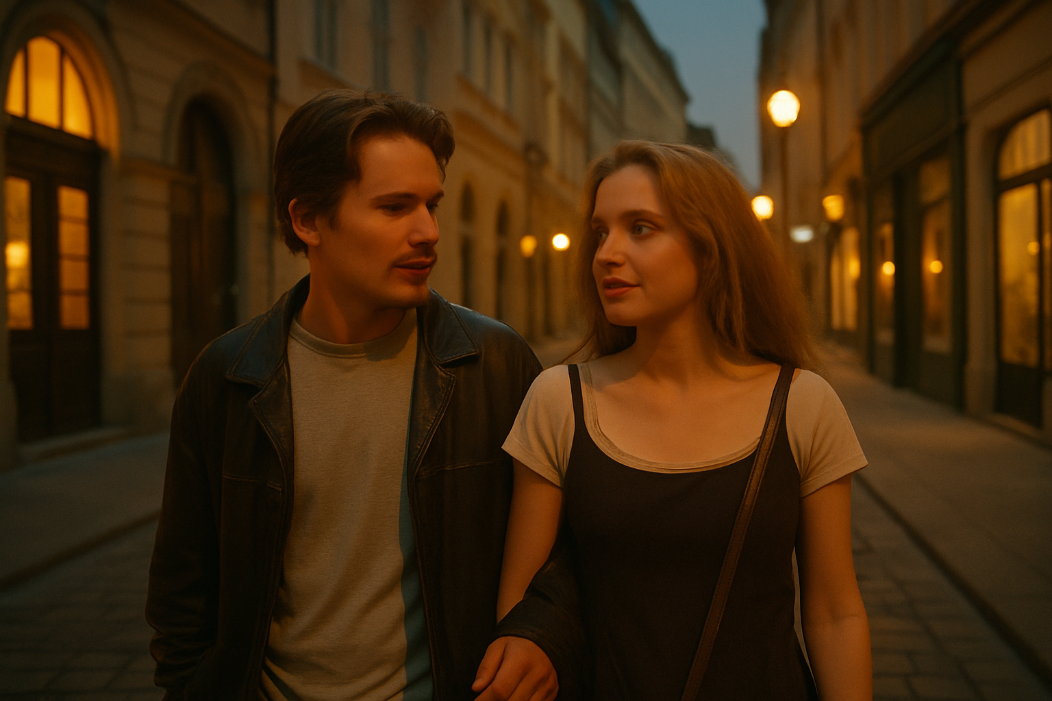 1990년대 오스트리아 빈의 저녁 풍경 속에서 미국 청년과 프랑스 여성이 조용히 서로를 바라보며 걷고 있는 모습. 따뜻한 가로등 불빛이 두 사람의 그림자를 드리운다.