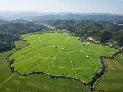 넓은 논밭과 구획이 나뉘어진 전형적인 경기 지역 농지 항공 사진. &amp;#39;경기 농지&amp;#39; 재산세 계산 예시용 이미지. 