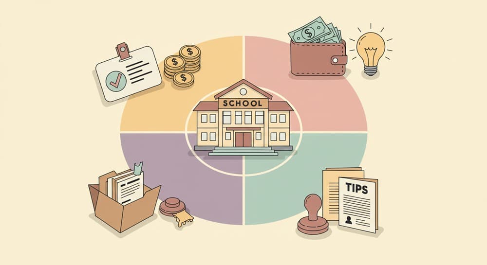 원형 보드 4분할, 중앙 학교, 섹션별 체크 배지&middot;지갑+코인&middot;서류철+도장&middot;전구 아이콘 배열