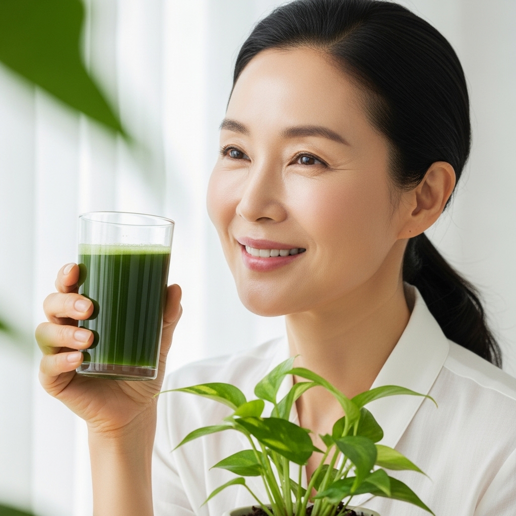 환하게 웃는 50대 한국 여성이 초록색 스무디를 들고 있으며, 건강하고 빛나는 피부가 돋보입니다. 자연광이 부드럽게 비추는 배경으로, 이너 뷰티를 통한 활력과 우아함이 느껴집니다.