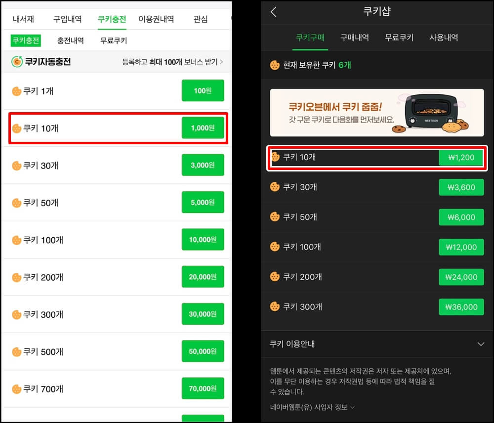 쿠키 가격 비교