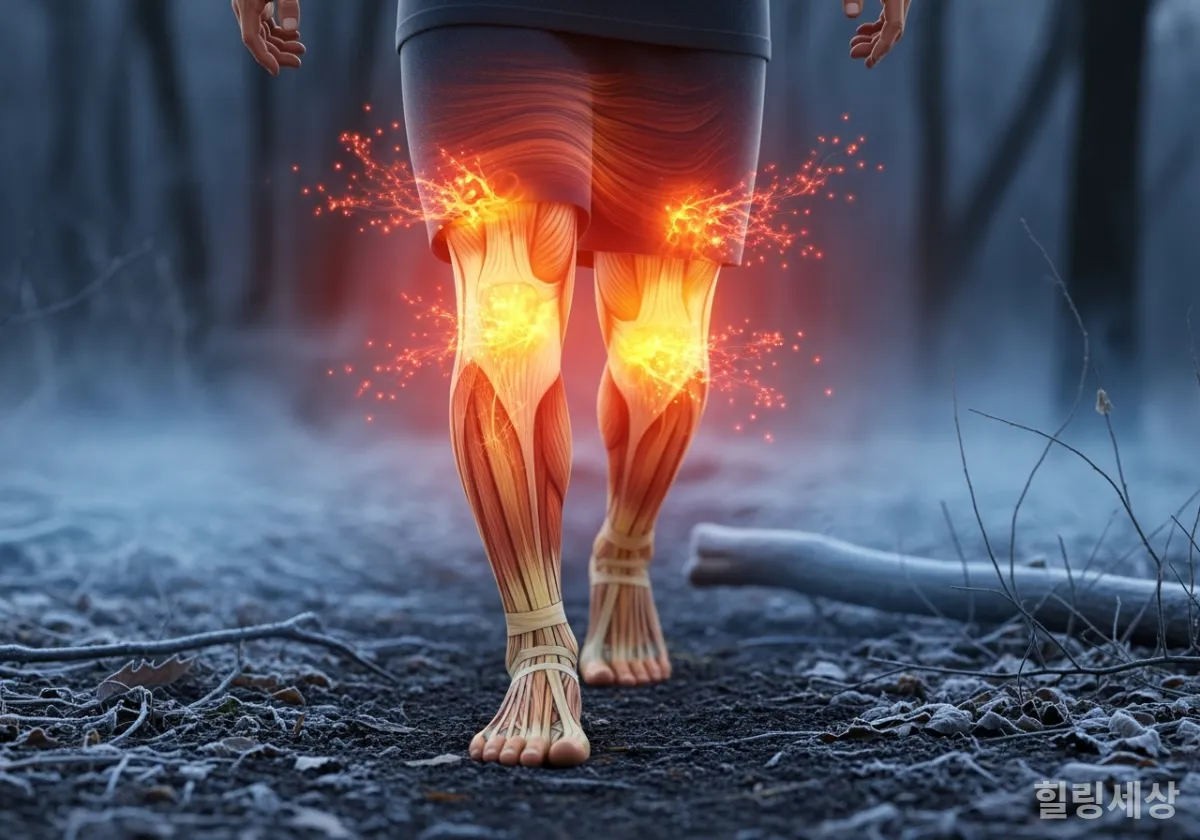 겨울철 맨발 걷기 시 체내 갈색 지방이 활성화되어 열을 내고 칼로리를 소모하는 원리를 설명하는 이미지