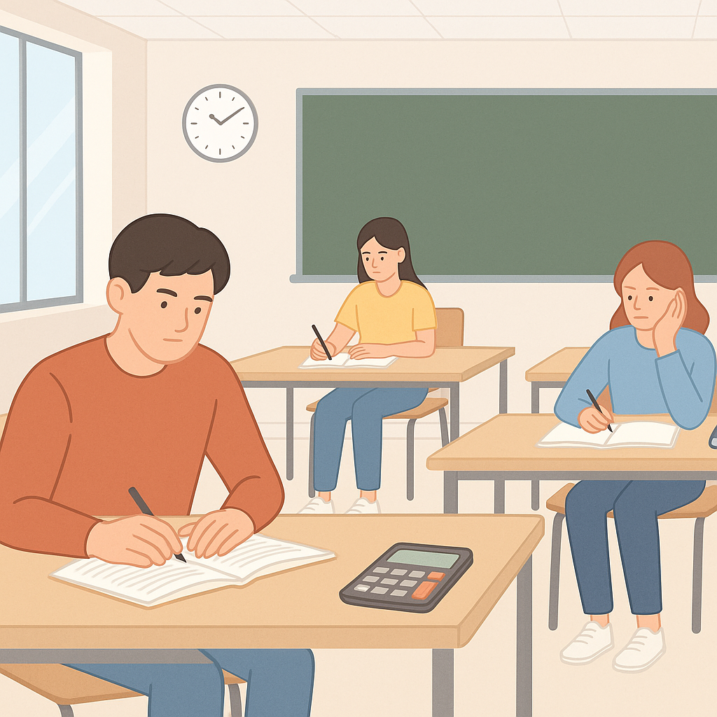 밝고 깔끔한 학원 교실 인테리어 일러스트, 학생들이 책상에 앉아 집중해서 공부하는 모습