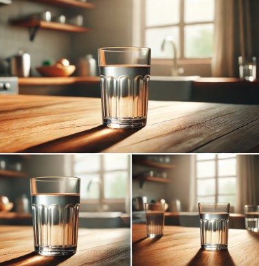 식탁위에 물 한컵이 놓여져 있는 모습