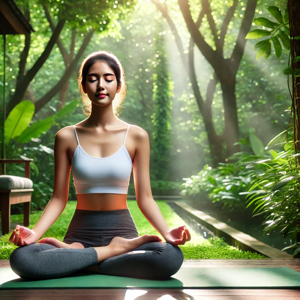 자연 속에서 명상하는 여성