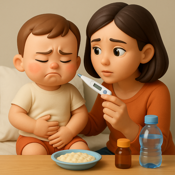 복통을 호소하는 아기를 걱정스럽게 바라보며 체온을 재는 엄마 – 식사와 수분 보충 준비가 된 유아 장염 대처 상황을 보여주는 일러스트
