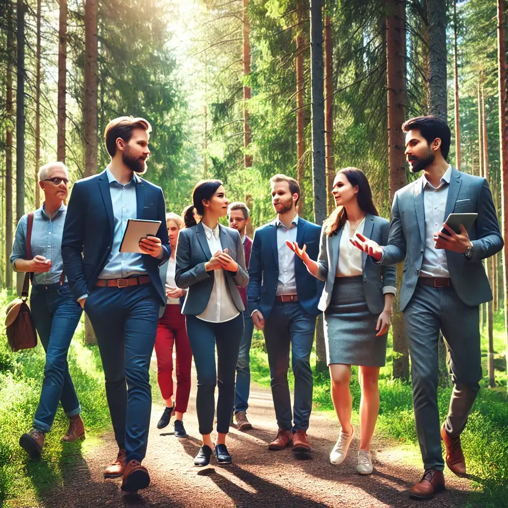 핀란드의 ‘걷기 회의(Walking Meeting)’ 문화를 표현한 이미지입니다! 🌿🚶♂️💼 자연 속에서 업무 효율을 높이는 장면을 담았어요