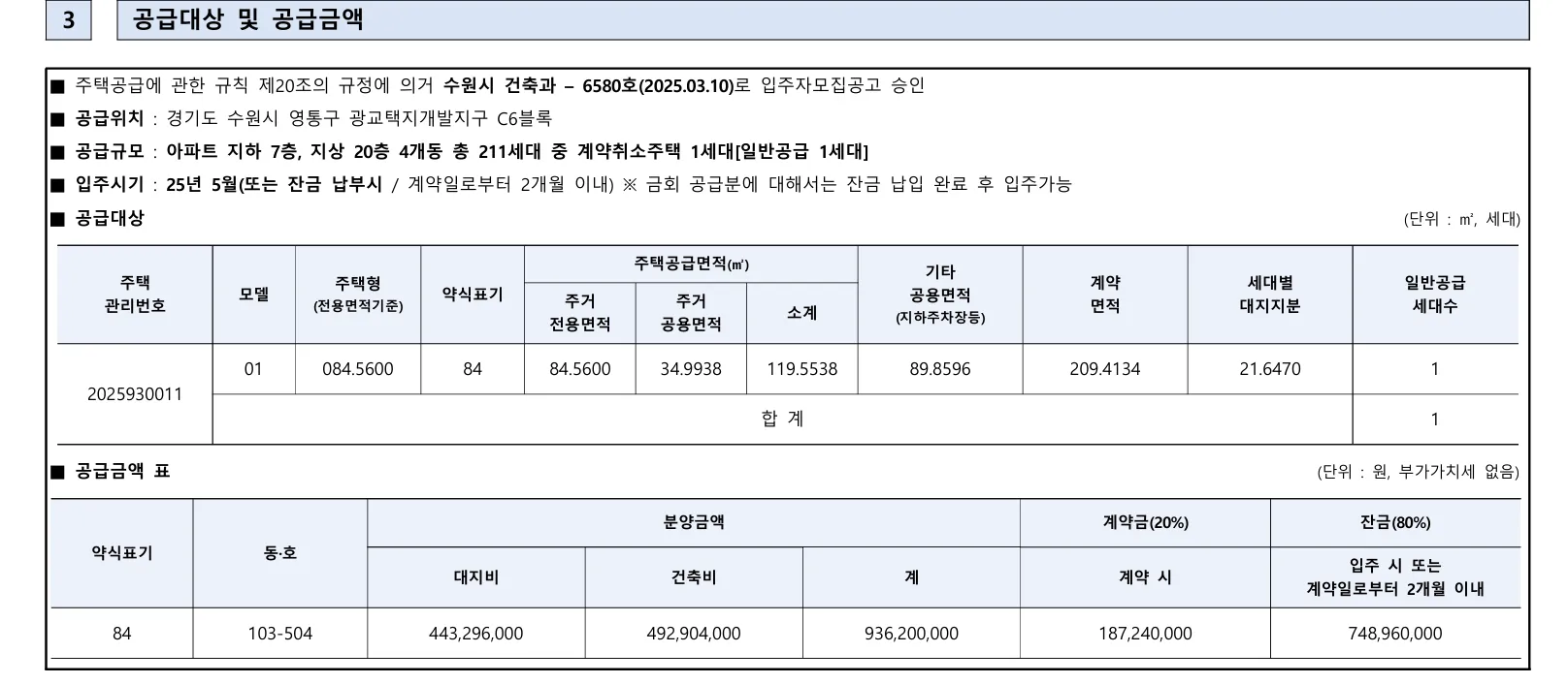 공급대상 및 공금금액