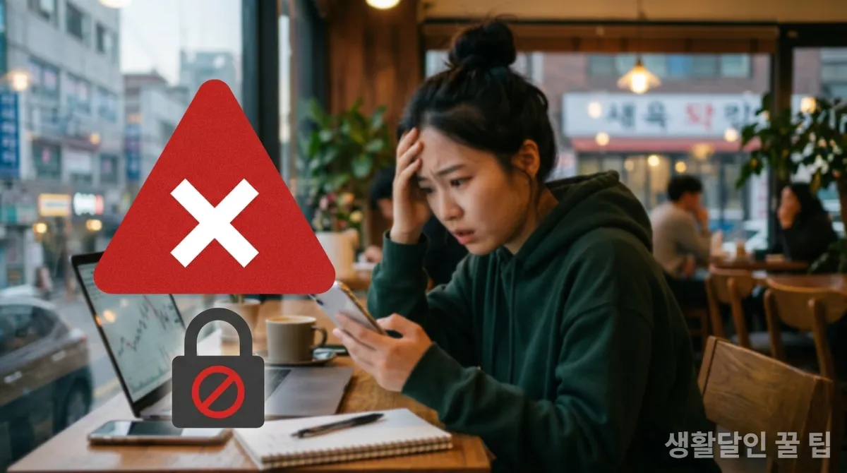 부업 시작 전 주의사항을 상징하는 경고 표시와 혼란스러워하는 사람의 모습