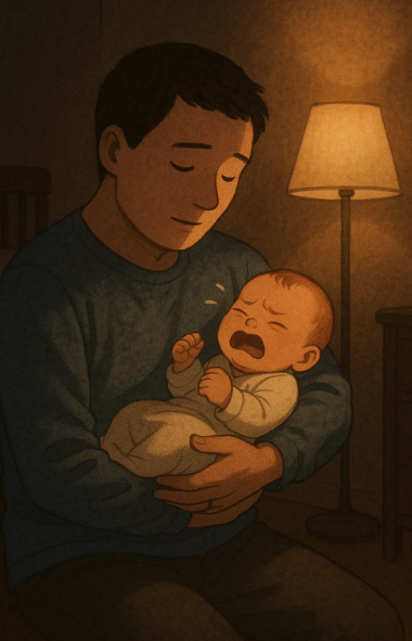 밤중에 울음을 달래는 부모와 신생아의 따뜻한 순간