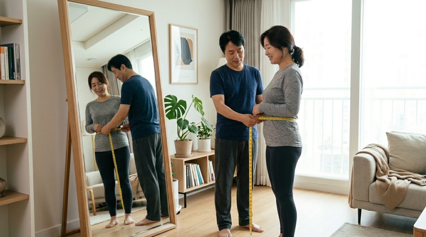 거울 앞에서 허리둘레를 확인하는 중년 남녀의 모습