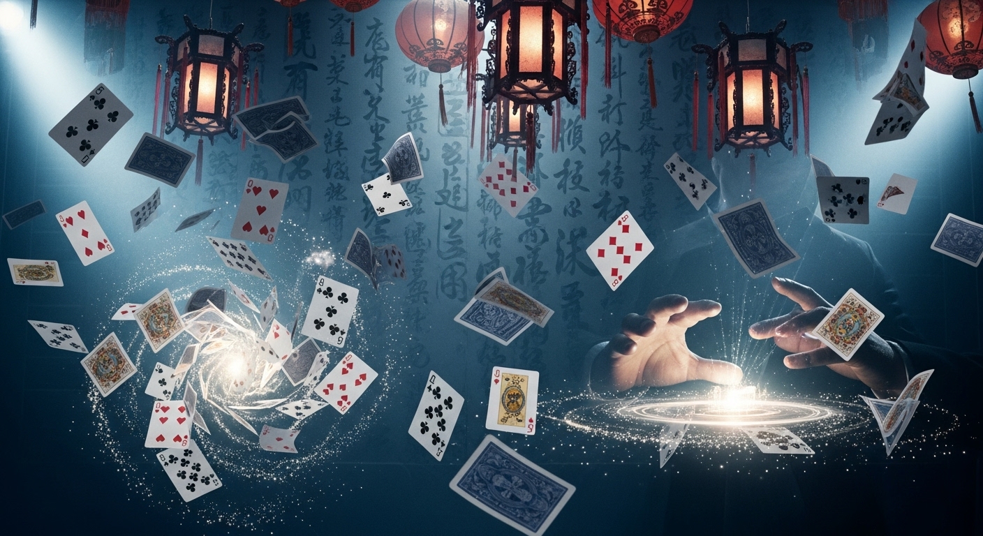 나우유씨미 2 마카오 마술 시퀀스를 연상시키는, 화려하고 신비로운 분위기의 마술 장면