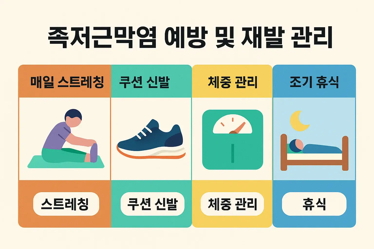 족저근막염 예방과 재발 방지를 위한 생활관리 방법을 정리한 인포그래픽으로, 스트레칭, 쿠션 신발, 체중 관리, 충분한 휴식 등 족저근막염 회복 후 건강한 발을 유지하는 실천 전략을 담은 이미지입니다.