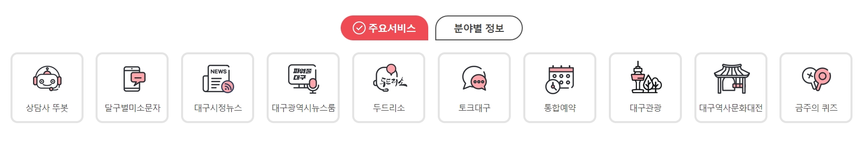 문화, 교통, 복지 등 분야별로 나뉜 정보 메뉴