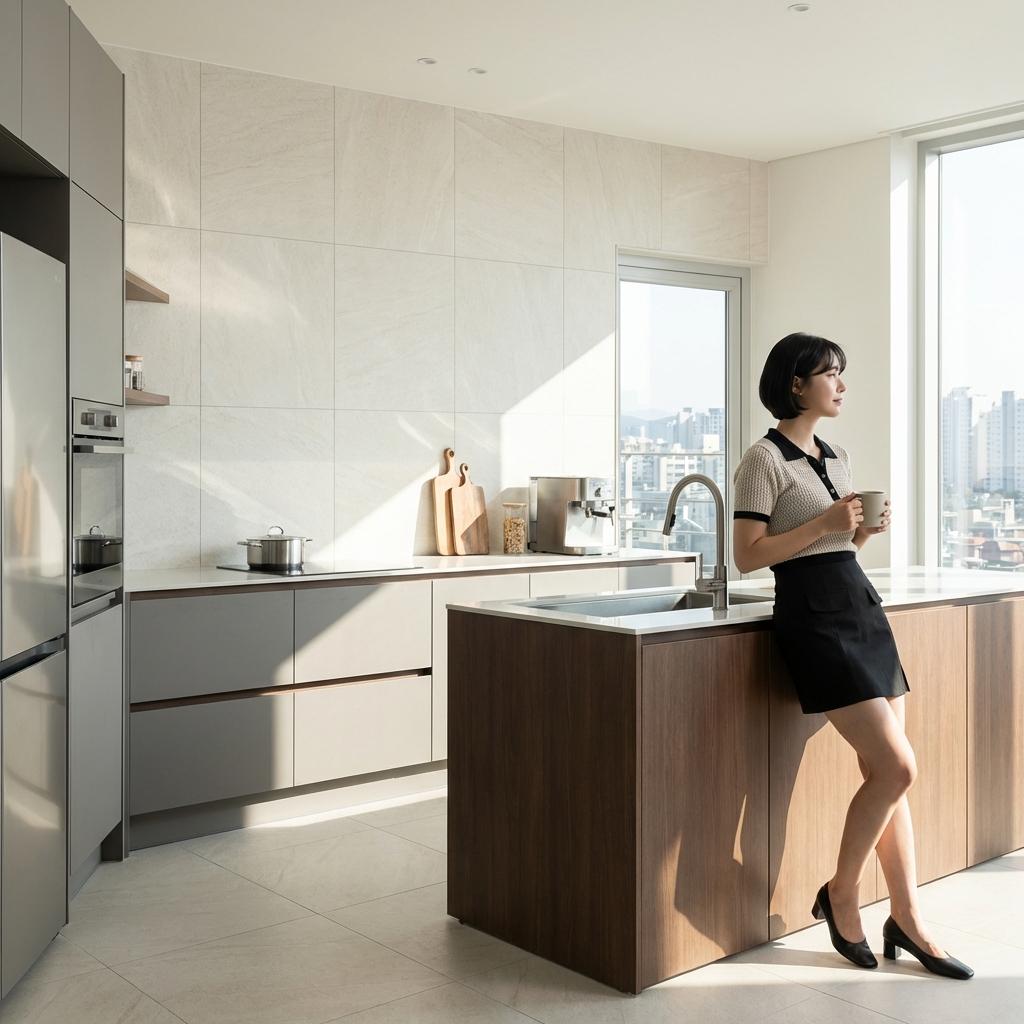 좁은 주방 73% 더 넓어 보이는 600각 대형 타일 덧방 팁