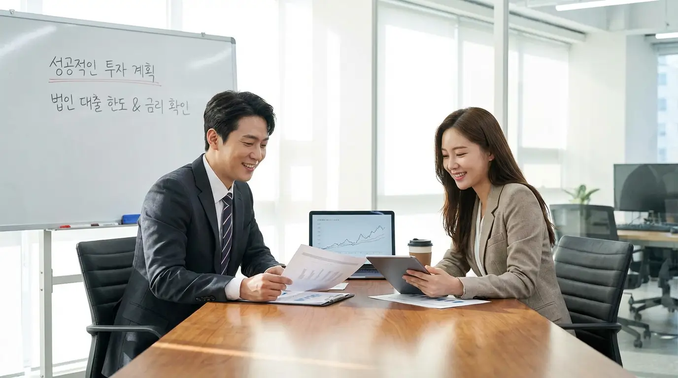 전문가와 상담하며 법인 대출 한도와 금리를 확인하고 성공적인 투자 계획을 세우는 모습