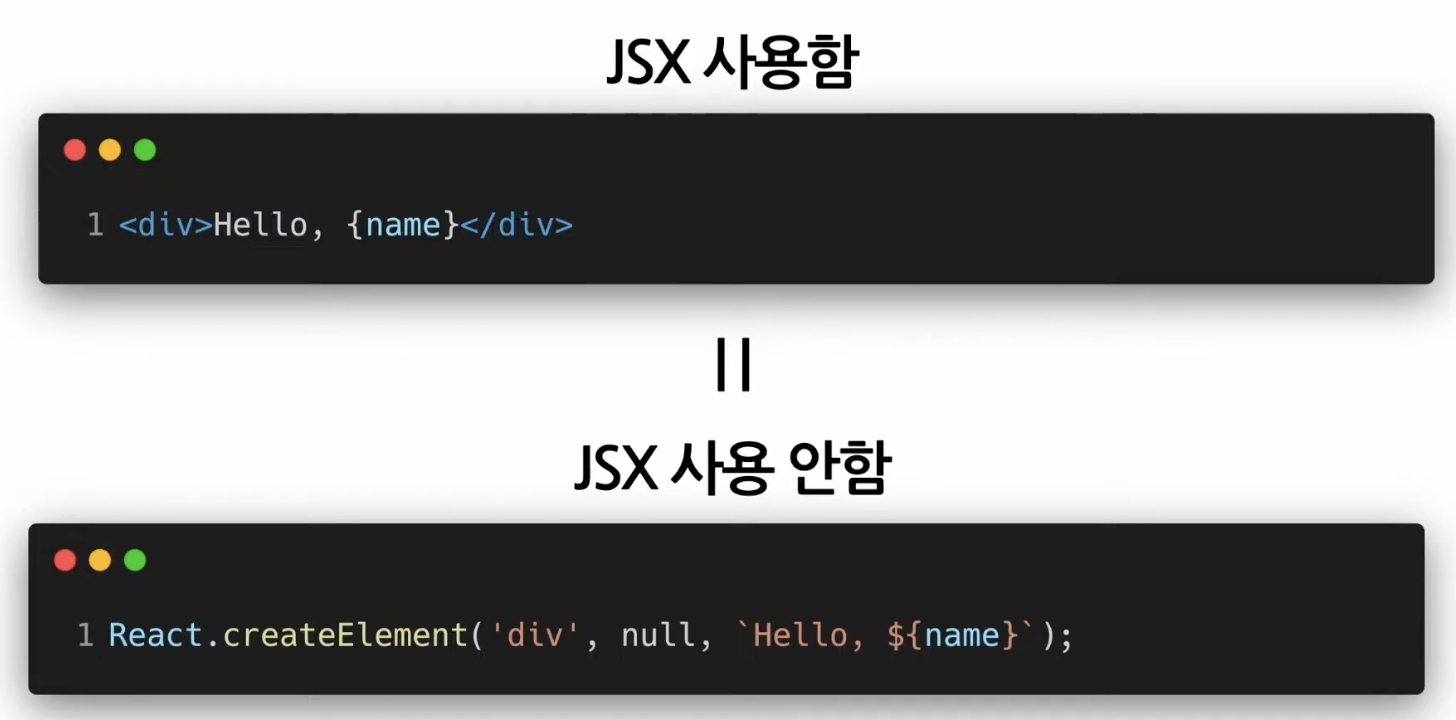 React.createElement 방식과 JSX 방식 코드 비교 화면