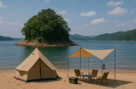 섬이 보이는 바닷가 캠핑 관련 사진