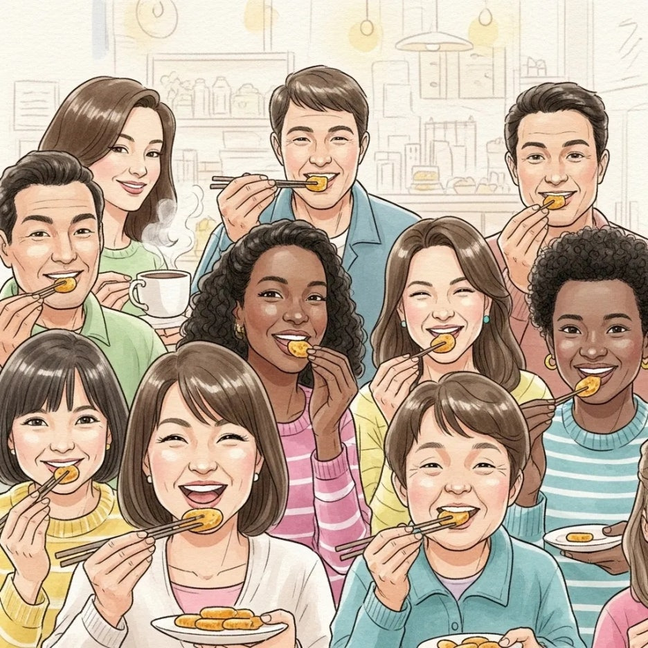 상하이 버터떡을 맛있게 즐기는 사람들의 모습