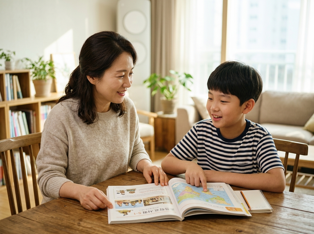 초등학생 자녀와 학부모가 사회 교과서를 함께 보며 대화하는 모습