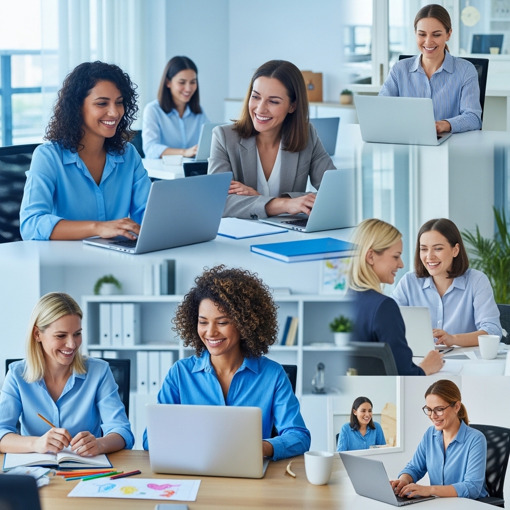 2025년 미래지향적인 사무실에서 유연하게 일하며 활기찬 워킹맘들이 미소 짓고 있는 모습. 재택근무와 사무실 근무가 조화롭게 이루어지며 육아와 경력을 성공적으로 병행하는 기업 문화의 혁신을 보여줍니다.