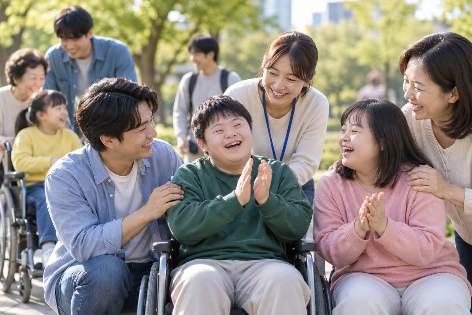 발달장애인과 가족, 돌봄 종사자들이 야외에서 함께 어울리며 돌봄과 자립 지원 활동에 참여하는 모습