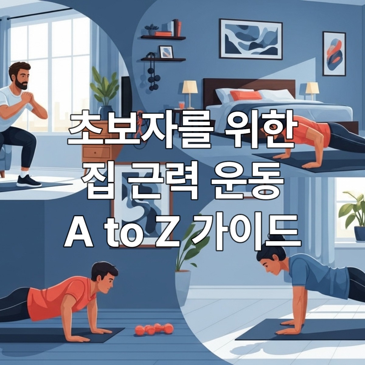 다양한 사람들이 집에서 스쿼트, 푸쉬업, 플랭크 등 맨몸 근력 운동을 하는 모습. 활기차고 긍정적인 분위기에서 홈트레이닝의 즐거움을 표현합니다.