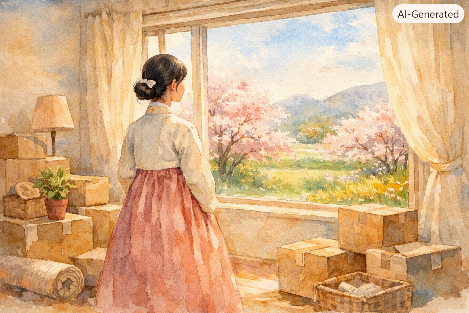 이사를 준비하며 창밖을 내다보는 한국인 여성의 수채화 이미지를 통해 인생의 변화를 표현