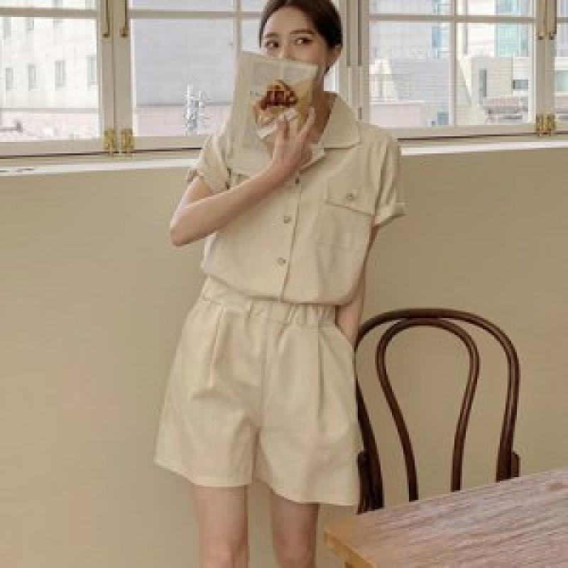 여성 여자 데일리 투피스 포켓 린넨셔츠 반바지 세트