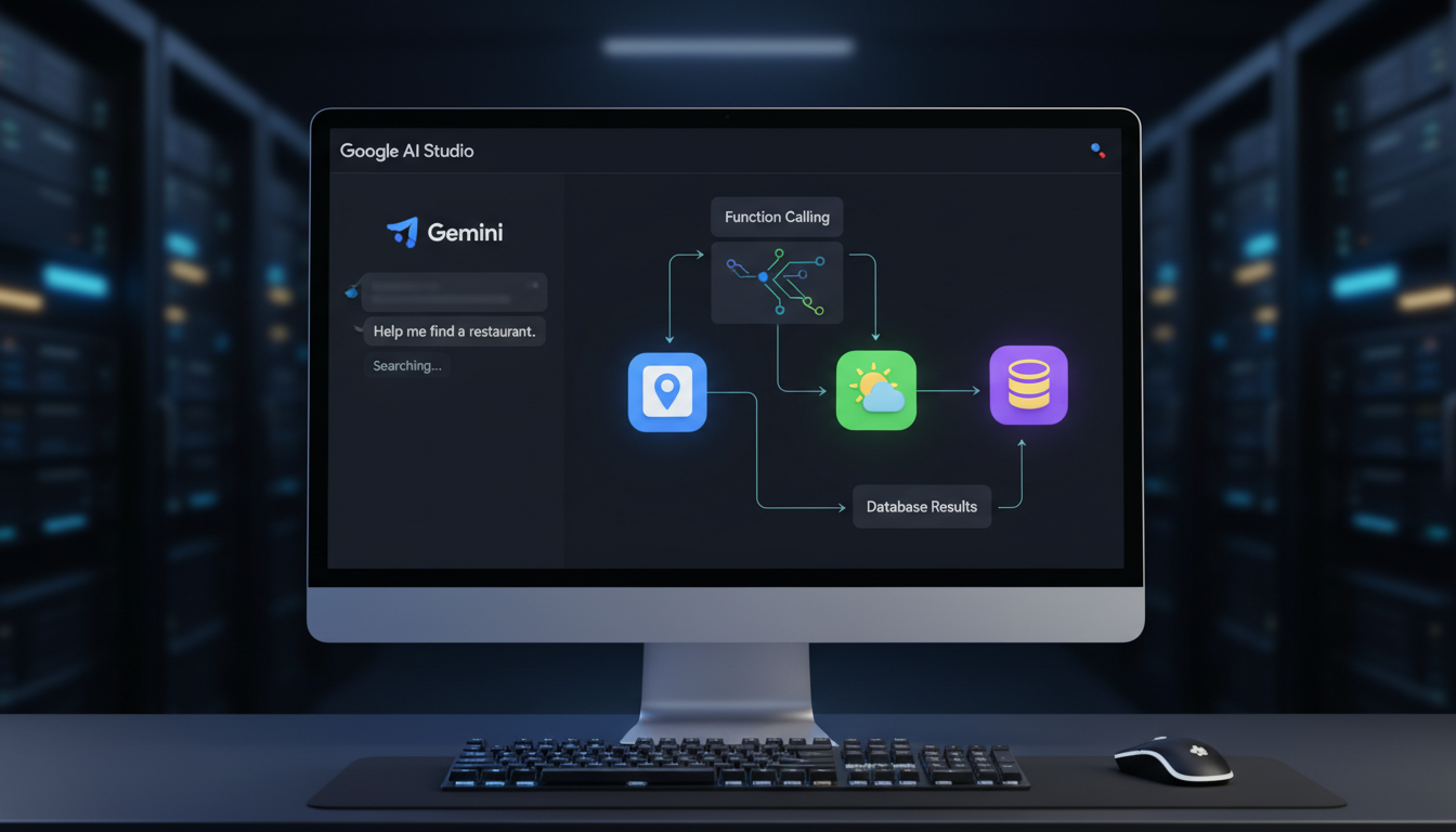 Google AI Studio 인터페이스, 함수 호출 기능과 외부 API가 연결되는 UI 디자인