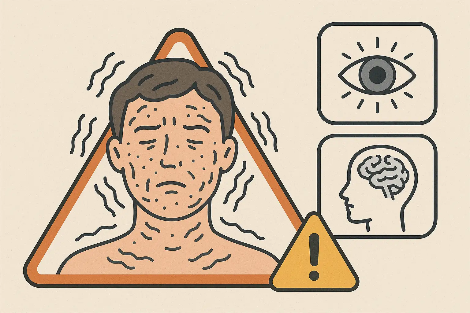 눈 떨림이 얼굴 전체로 확산되는 장면, 안과·신경과 진료 아이콘