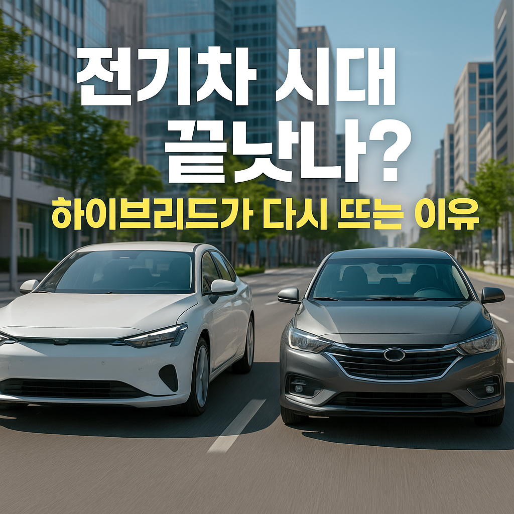 밝은 도심 도로 위에 전기차와 하이브리드 차량이 나란히 서 있는 모습. ‘전기차 시대 끝났나? 하이브리드가 다시 뜨는 이유’라는 문구가 강조된 이미지