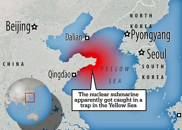 중국&nbsp;핵잠수함 황해(서해)에서 침몰...승조원 전원 사망: 영국&nbsp;보고서 55 Chinese sailors are feared dead after nuclear submarine 'gets caught in a trap intended to snare British and US vessels in the Yellow Sea'