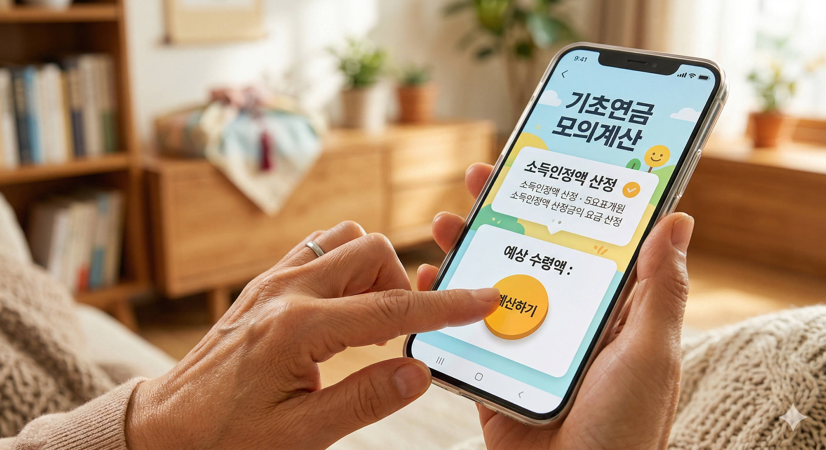 시니어 친화적으로 디자인된 모바일 앱 화면에서 '계산하기' 버튼을 누르려는 손의 근접 촬영. 배경은 따뜻하고 아늑한 집안의 분위기를 담고 있으며, 디지털 기술을 통해 복지를 누리는 스마트한 노년의 삶을 상징함