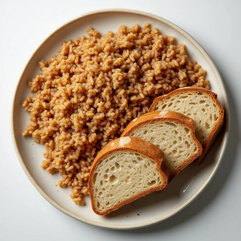 중성지방에 좋은 통곡물 빵과 현미밥이 담긴 접시