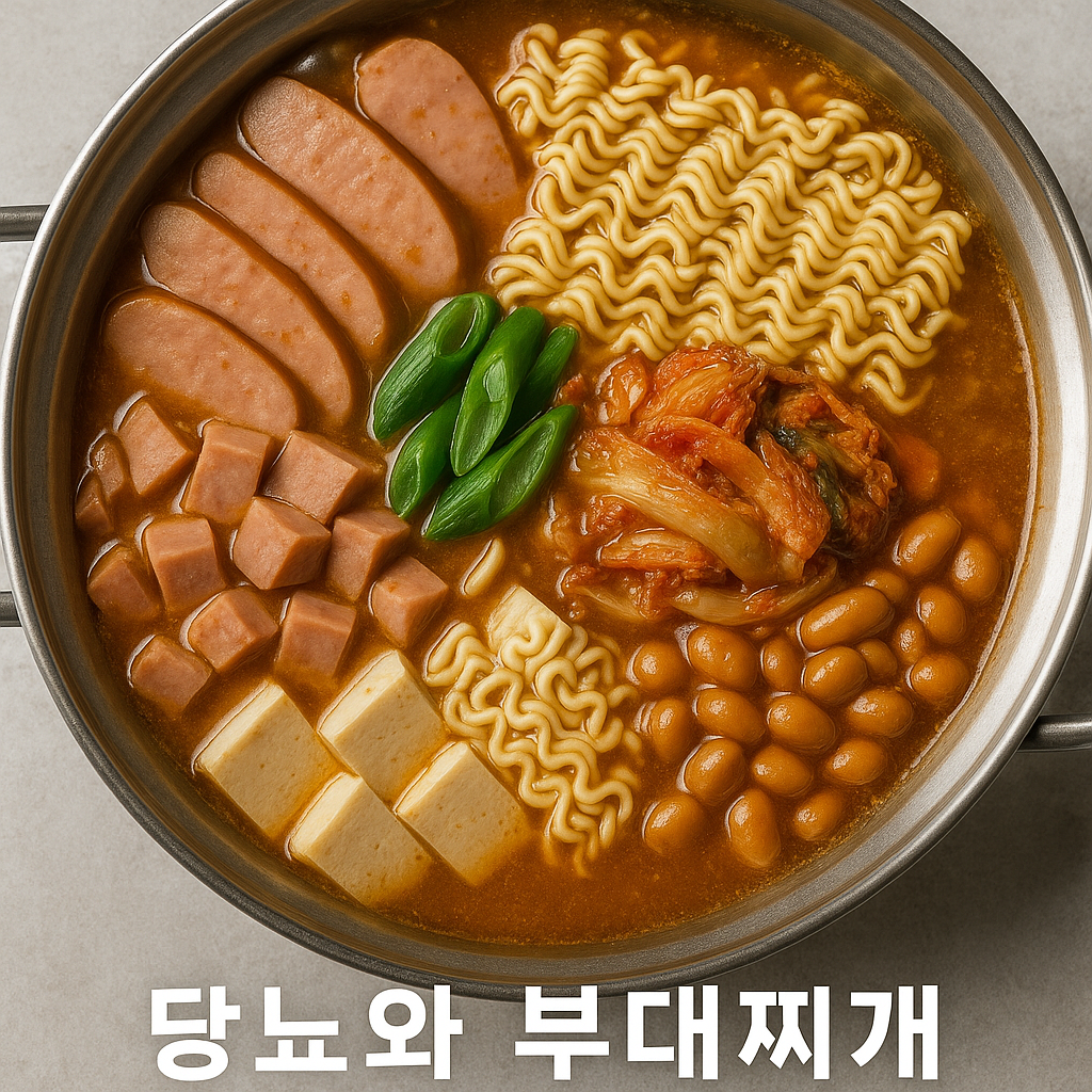 스테인리스 냄비에 끓고 있는 한국식 부대찌개를 위에서 촬영한 실사 이미지. 진한 붉은 국물 속에 햄, 소시지, 라면, 김치, 두부, 콩, 대파가 보기 좋게 배열되어 있다. 아래쪽에는 흰색 글씨로 &lsquo;당뇨와 부대찌개&rsquo;라는 문구가 적혀 있다.