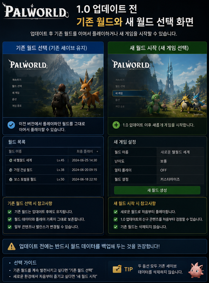 팰월드 1.0 기존 월드 유지와 새 월드 생성 선택 화면