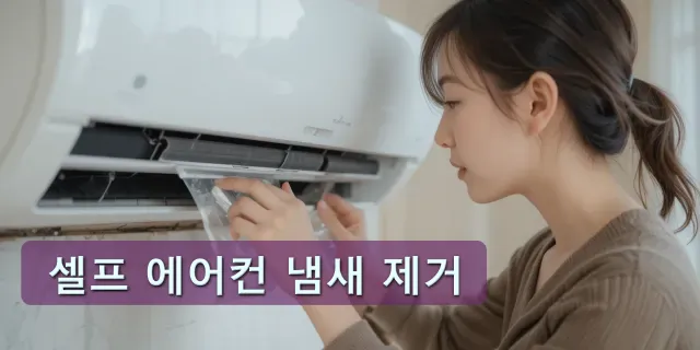 에어컨 필터 냄새을 확인하고 청소하는 모습
