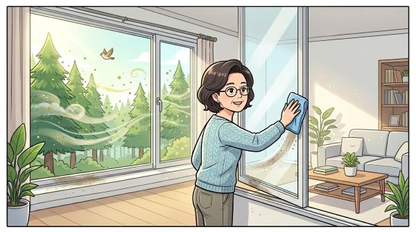 창밖으로 푸른 소나무 숲이 보이는 모던하고 깨끗한 거실 풍경. 창문에는 미세한 꽃가루 입자가 날리고 중년의 한국여인이 물걸레로 꽃가루를 닦고 있는 만화 이미지.