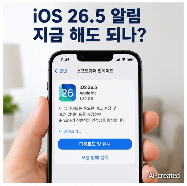 iOS 26.5 업데이트 알림이 뜬 아이폰 상태를 확인하는 상황 AI-created