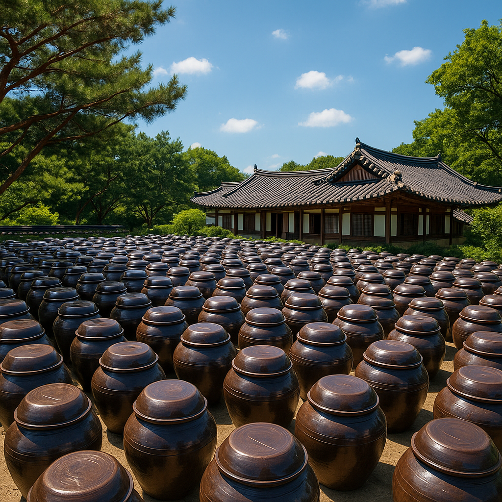 전통 한옥 집 앞마당에 무수히 많은 항아리들 사진