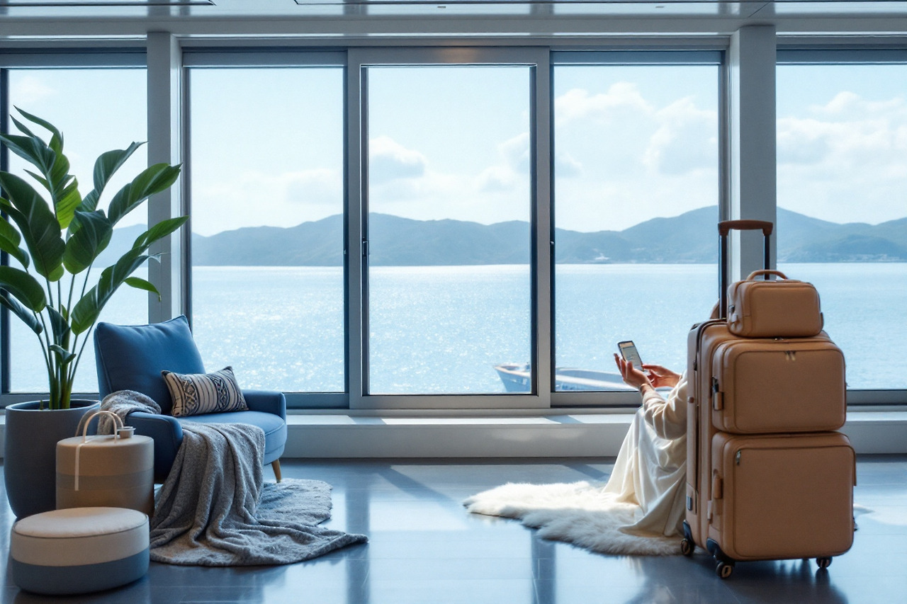 배타고 바다를 바라 보면서 여유롭게 여행하는 모습