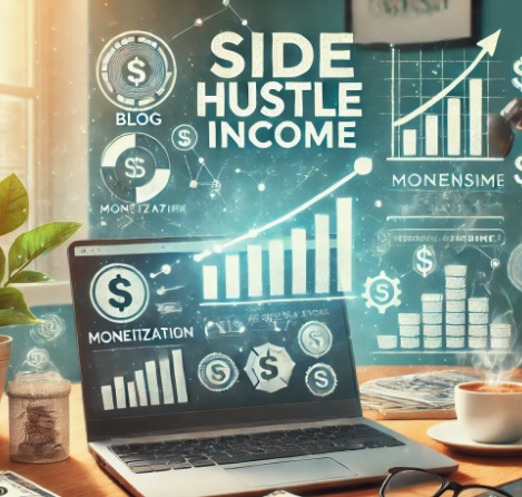 부업 수익을 상징하는 컨셉 이미지 (노트북, 블로그 수익화 도구, 성장 그래프 등)