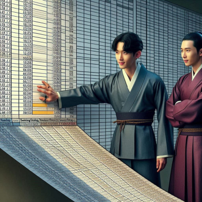 전통복장을 입은 인물이 대형 스프레드시트를 가리키며 설명하는 장면