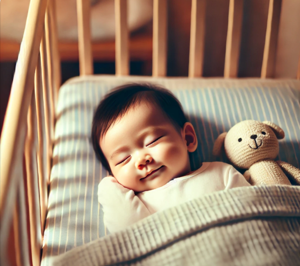 아기 침대에서 자고 있는 아기 사진